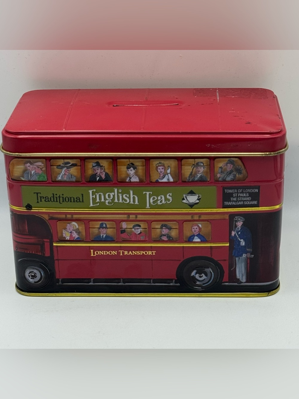 Vintage New English Teas London Double Decker Bus Money Bank Tea Tin Coin Bank